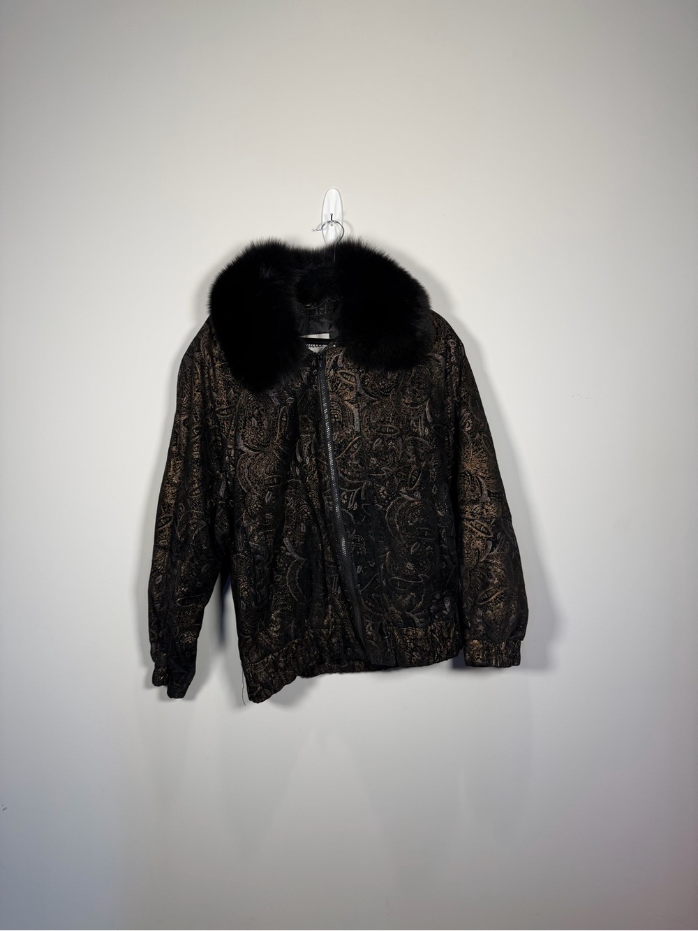 Black Paisley Bomber Jacket with Faux Fur Collar